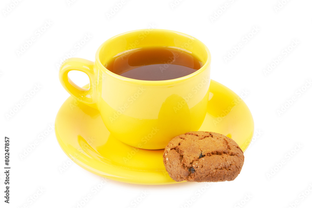 Cup of tea and chocolate cookies on a white background isolated Cup of tea and chocolate cookies on a white background isolated