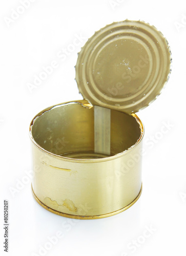 Open tin can over white background