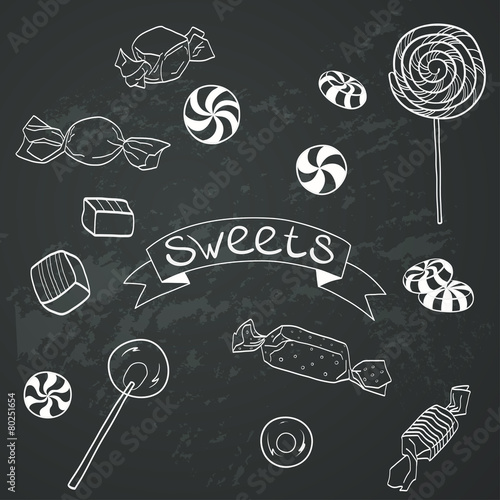 Hand drawn cartoon candies and lollipops