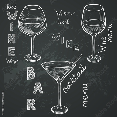 Sketched wine glasses on chalkboard background