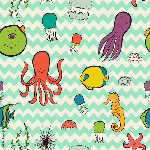 Sea dwellers hand drawn seamless pattern.