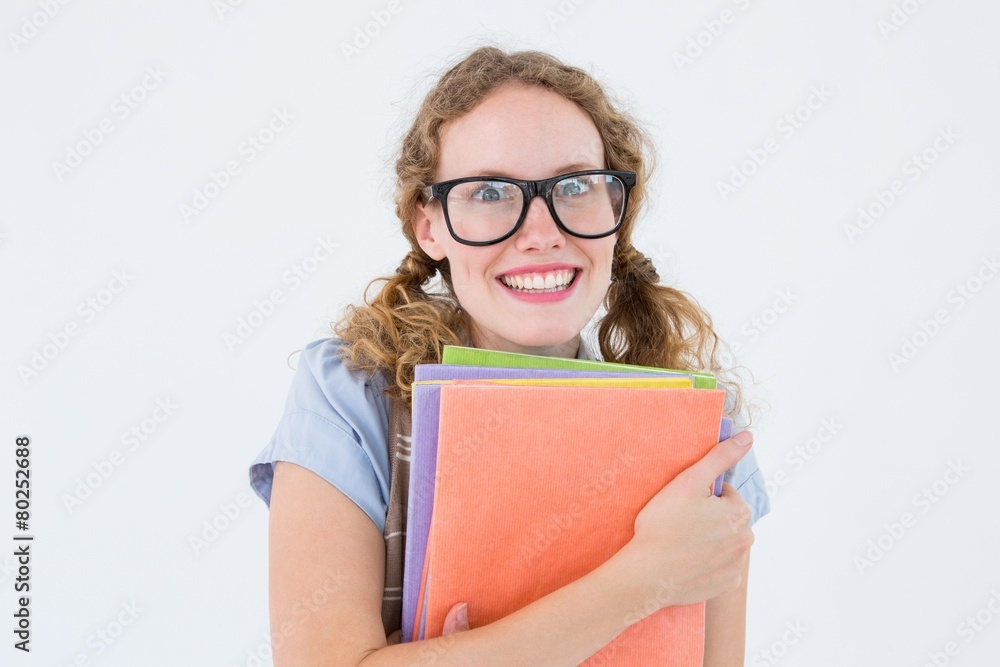 Geeky hipster woman holding files Geeky hipster woman holding files