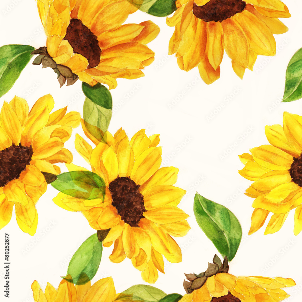 Fototapeta premium Seamless watercolour sunflowers pattern on white background