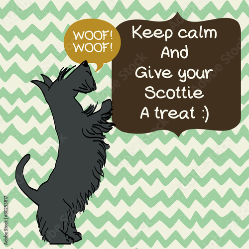 Cartoon dog on doodle chevron background. Scottish terrier