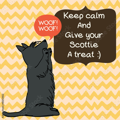 Cartoon dog on doodle chevron background. Scottish terrier