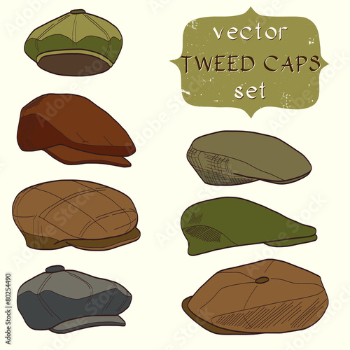 Set of hand drawn tweed caps