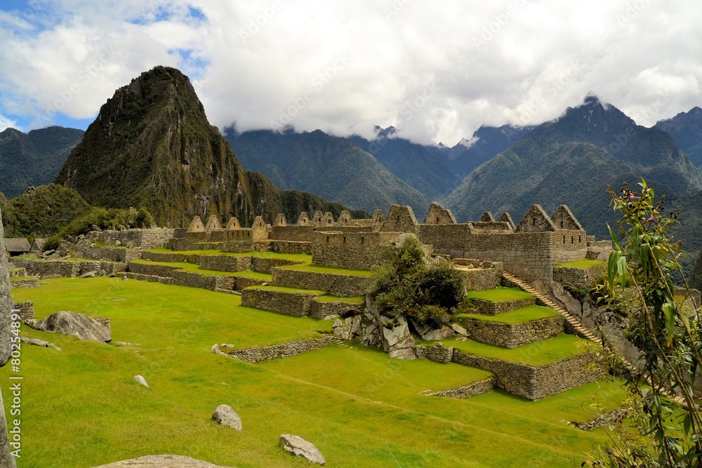 Close up detailed view of Machu Picchu, lost Inca city in the