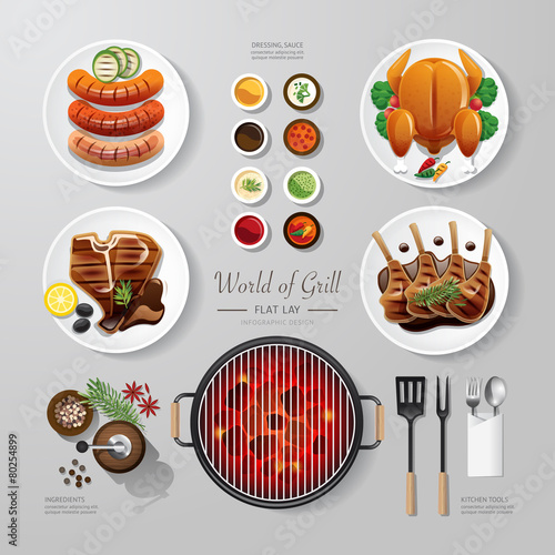 Infographic food grill,bbq,roast,steak flat lay idea. Vector ill