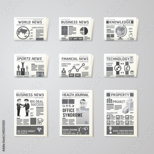 Newspaper daily flat vector set design template.business,health,