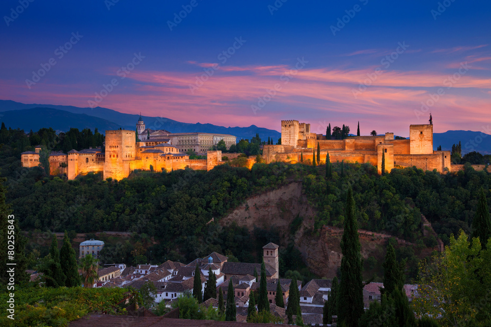 Alhambra de Granada. Panoramic view at dusk
