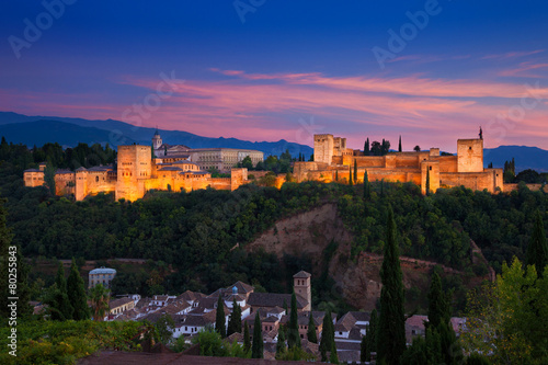 Alhambra de Granada. Panoramic view at dusk