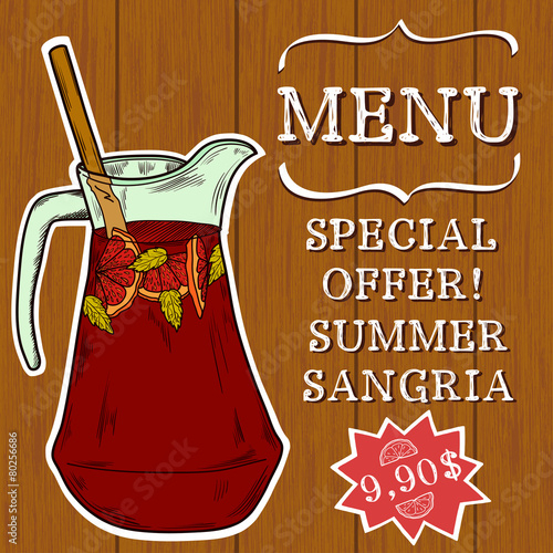 Hand drawn sangria jug on wooden background
