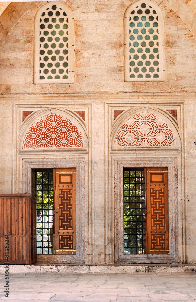 Old  wooden doors at the Sehzade mosque in istanbul, Turkey.