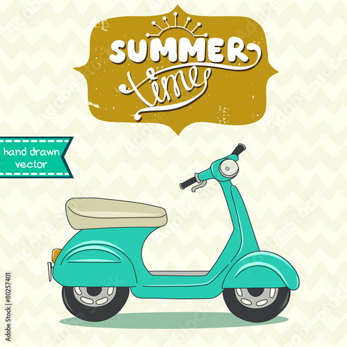 Cartoon turquoise scooter on hand drawn chevron background