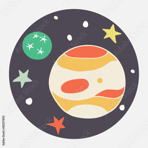 Doodle planet. Cartoon Jupiter and its moon