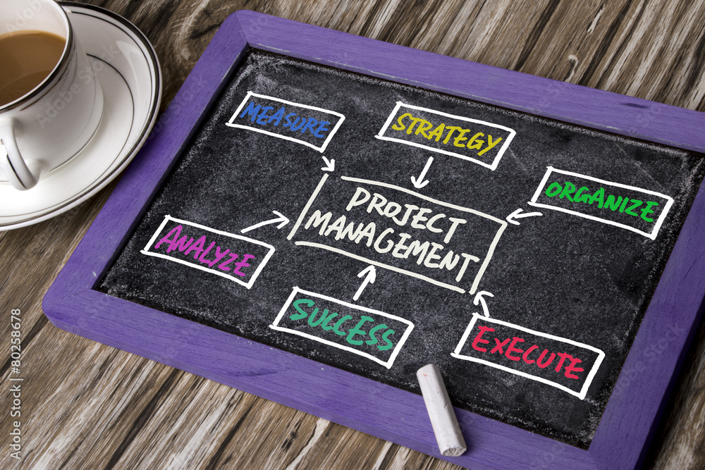 Naklejka premium project management flow chart hand drawing on blackboard