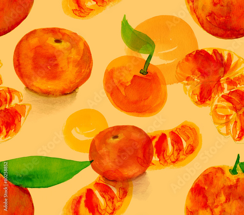 Fototapeta Naklejka Na Ścianę i Meble -  Watercolour drawing of tangerines seamless background pattern