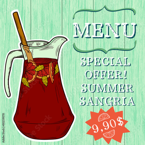 Hand drawn jug of sangria on minty wooden background