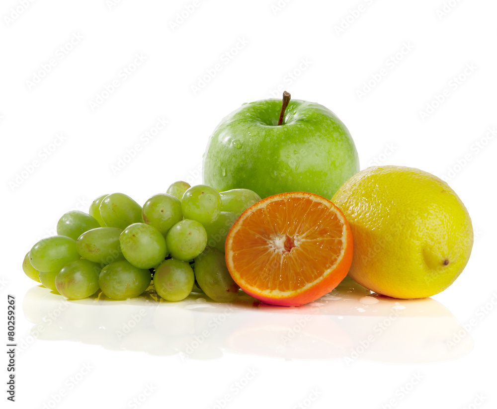 Apple, orange, lemon, grape, on a white background Apple, orange, lemon, grape, on a white background