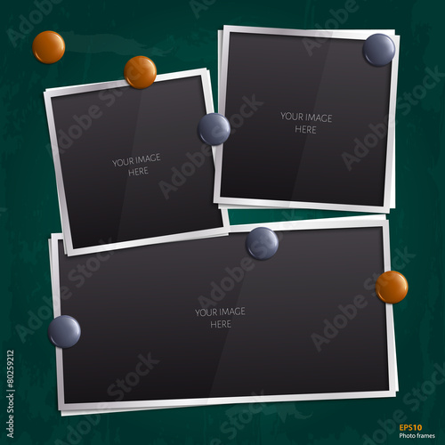 Set of empty photo frames on chalkboard, blackboard.