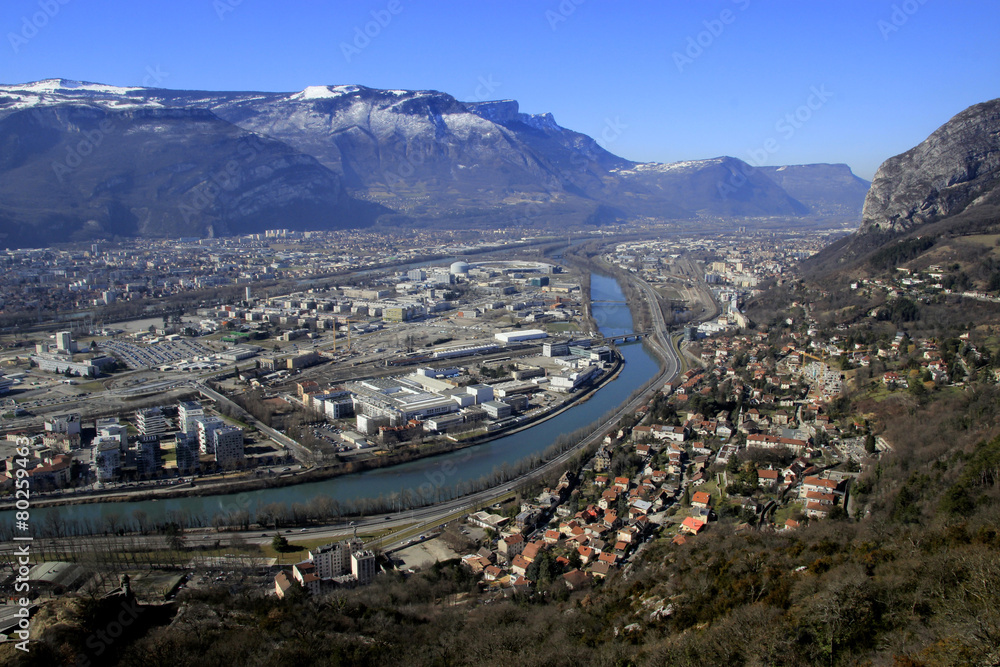 View of Grenoble from the Bastille. River and mountains