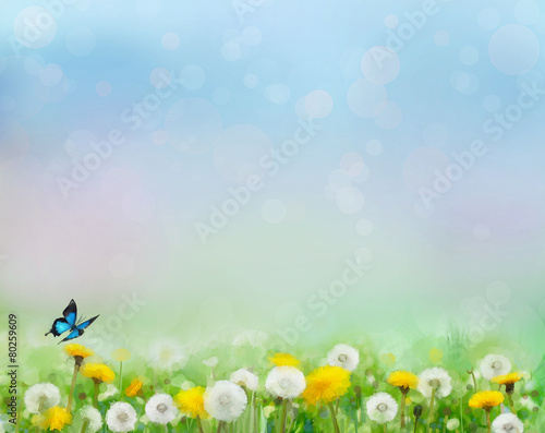 Spring nature background with dandelion fields
