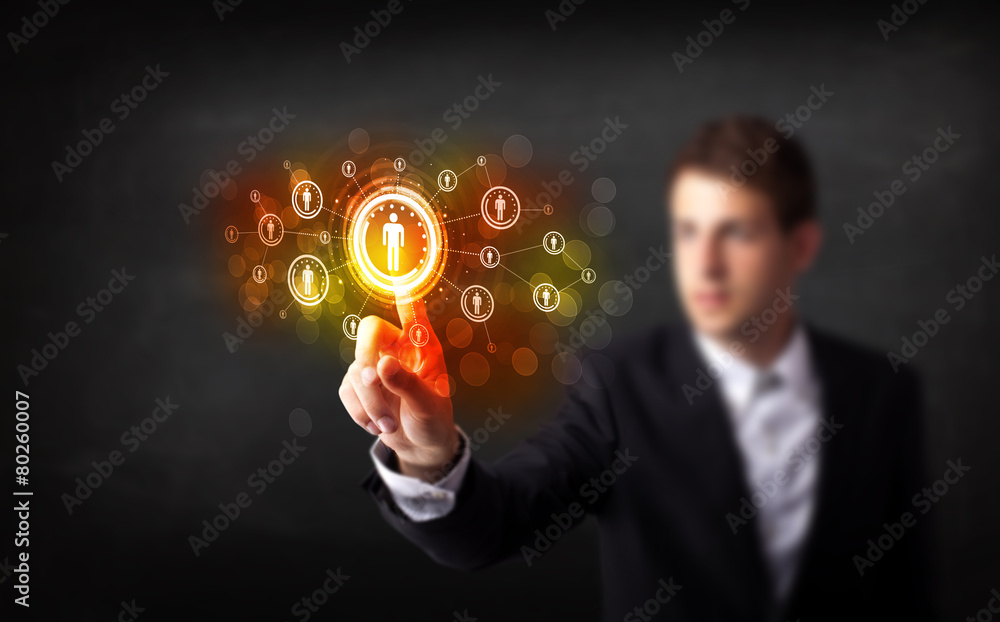 Modern businessman touching future technology social network but Modern businessman touching future technology social network but