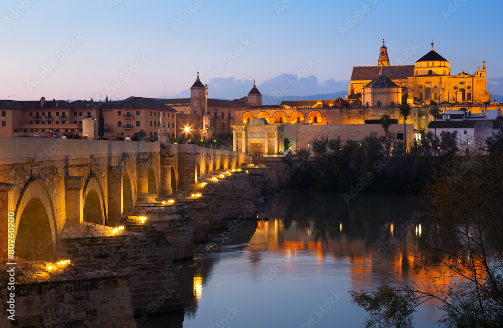  Cordoba with Roman bridge and  Mosque-cathedral in evening