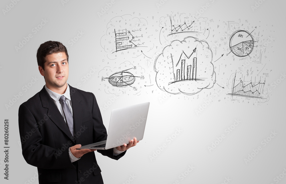 Business man presenting hand drawn sketch graphs and charts Business man presenting hand drawn sketch graphs and charts