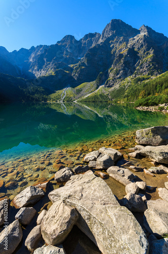 Green water mountain lake Morskie Oko, Tatra Mountains, Poland