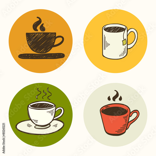 Coffee and tea hand drawn doodle icons.