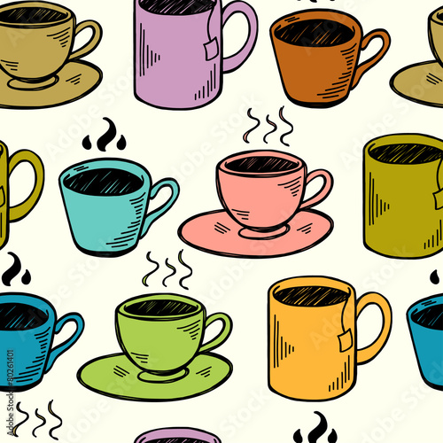 Hand drawn cups and mugs seamless pattern.