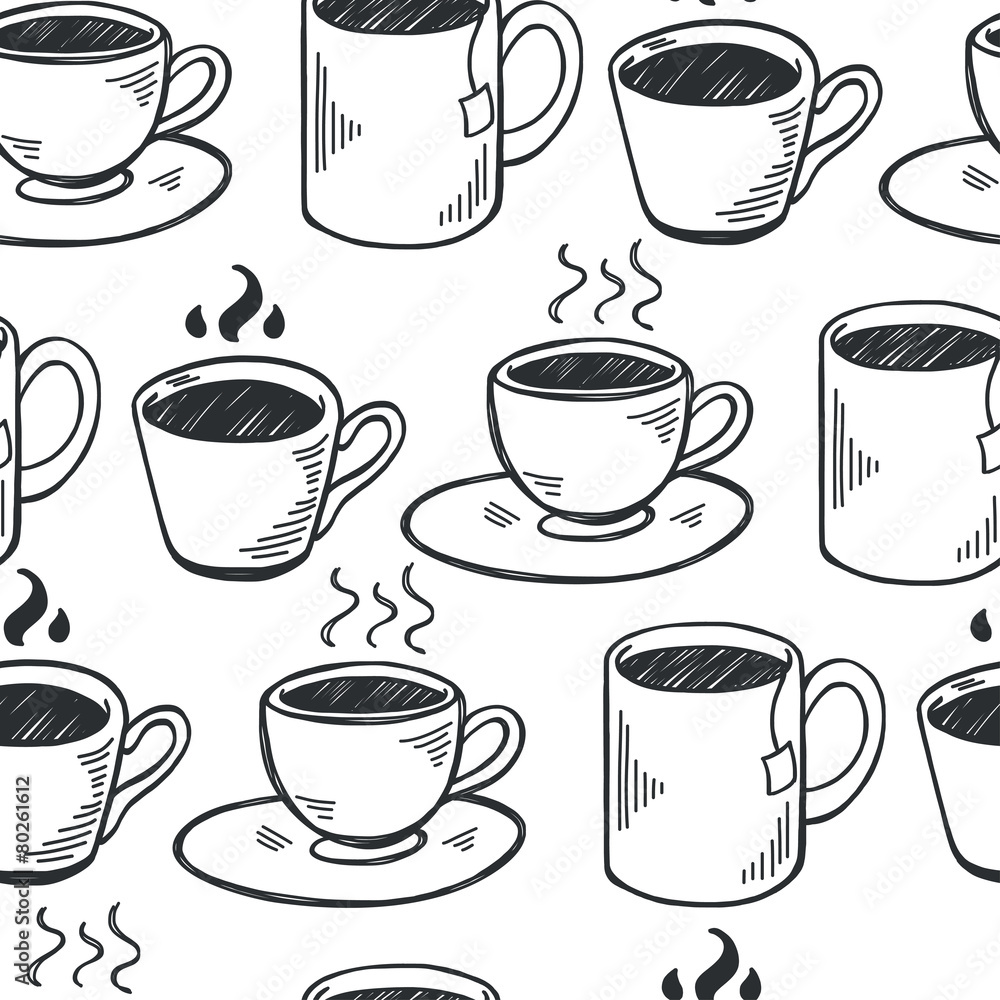 Obraz premium Cups and mugs hand drawn seamless pattern.