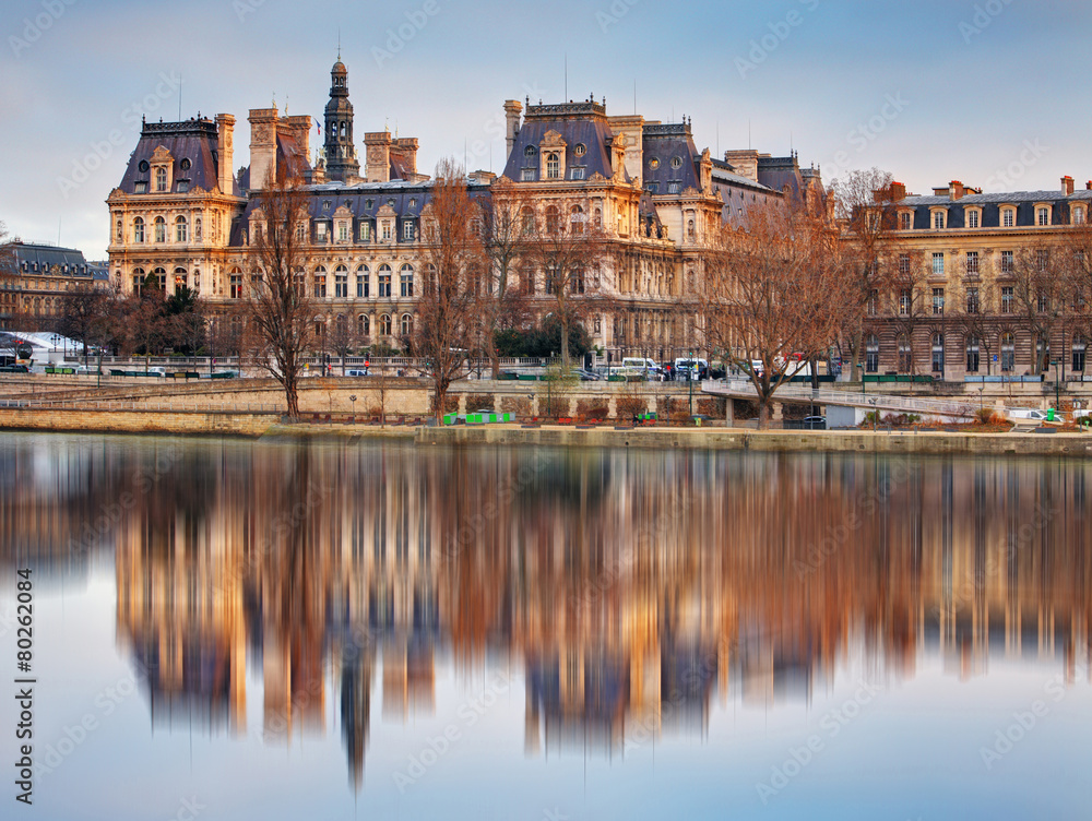 Seine River and Hotel-de-Ville, City Hall, Paris