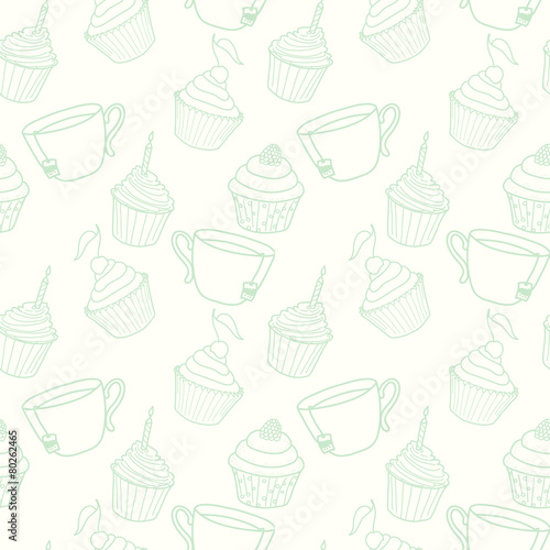 Tea time and cupcakes seamless pattern.