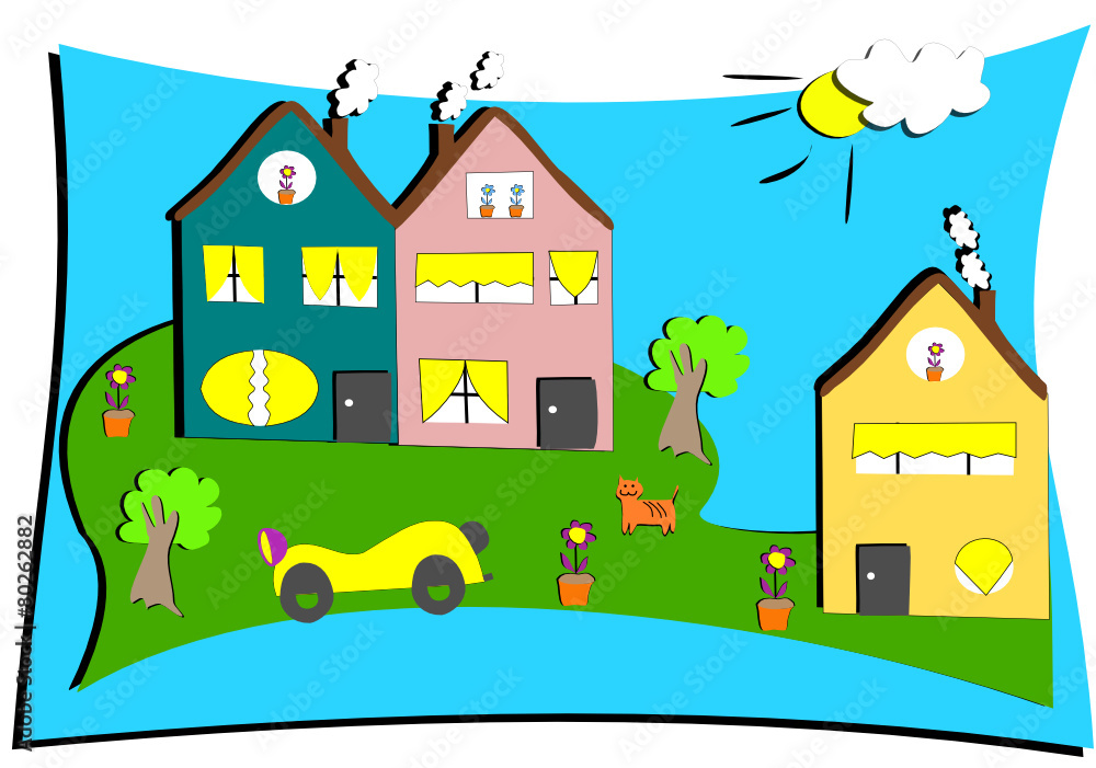 dessin d'enfant de maisons avec voiture, chat et fleurs dessin d'enfant de maisons avec voiture, chat et fleurs