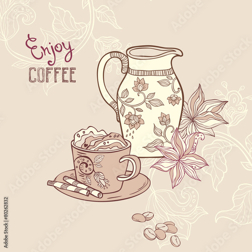 illustration with coffe cup and creamer