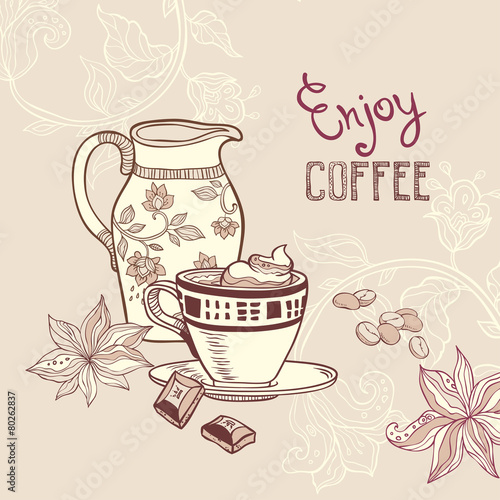 illustration with coffe cup and creamer