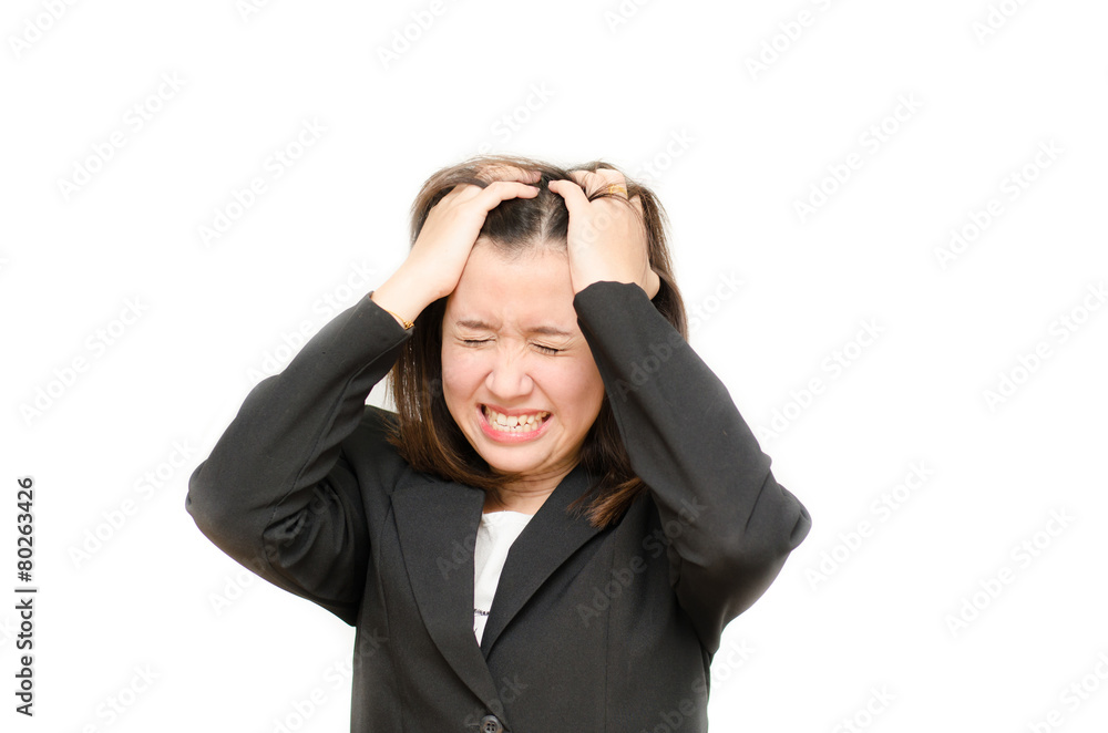 Asian business woman holding hair with stress face on white back Asian business woman holding hair with stress face on white back