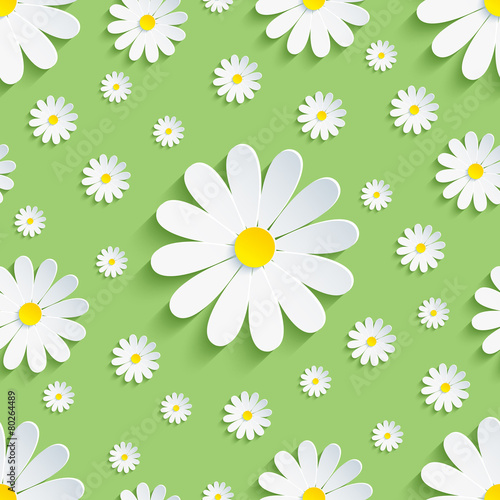 Spring green seamless pattern with white chamomile