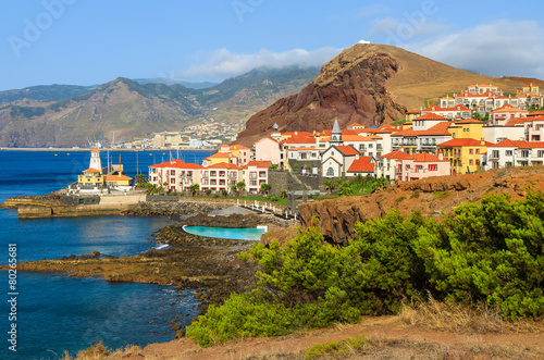 View of typical Portuguese village on coast of Madeira island