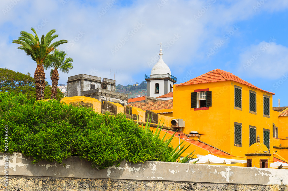 Yellow buildings of Sao Tiago castle in Funchal, Madeira island
