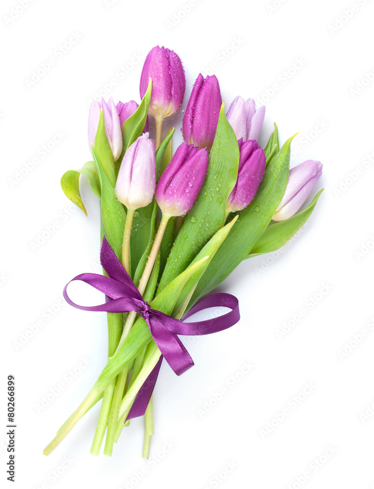 Purple tulips bouquet with ribbon - obrazy, fototapety, plakaty 