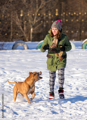 Young woman playing with American Pit Bull Terrier in winter