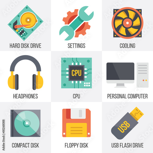 Vector computer hardware and technology icons set.  Set 10