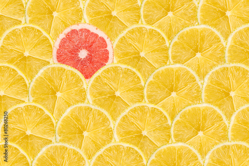 One Pink Grapefruit Slice Stand Out Of Yellow Lemon Slices photo