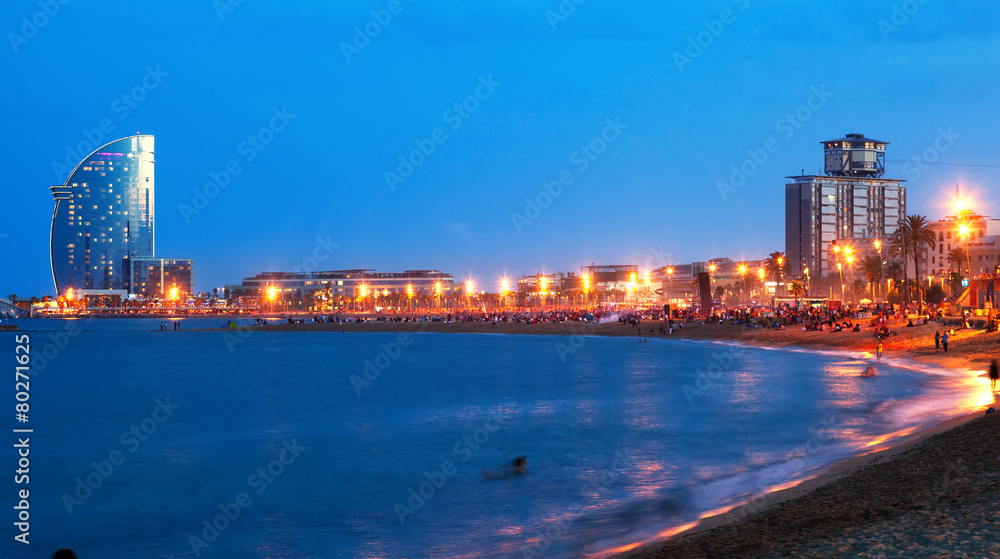 Naklejka premium Barceloneta Beach in summer night. Barcelona