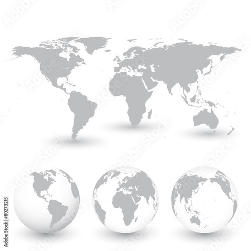 Grey World Map and Globes vector Illustration