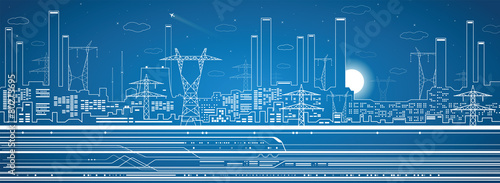 Vector power plant, train, transport panorama, infrastructure