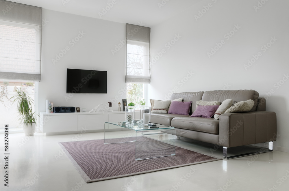 White living room with taupe leather sofa White living room with taupe leather sofa